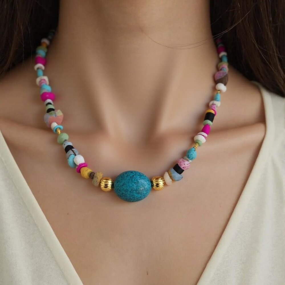 Tropical Paradise. Beaded polished gravel adjustable necklace. Turquoise accent